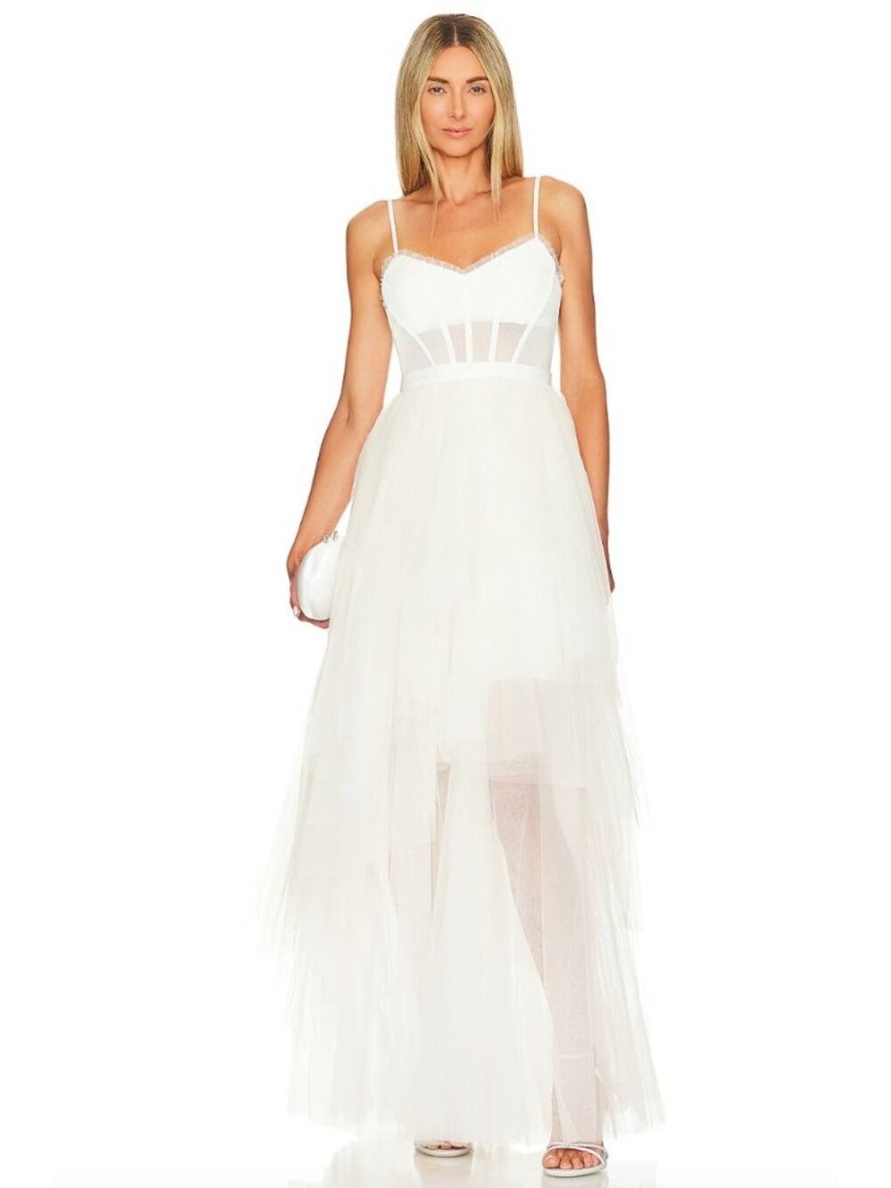 BCBGMAXAZRIA Oly Tiered Ruffle Tulle Evening Gown Gardenia Womens Size 14